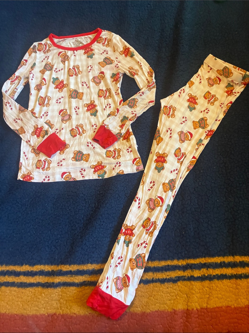 Caden Lane White Gingerbread & Candy Cane Kids Pajama Set with Red Trim